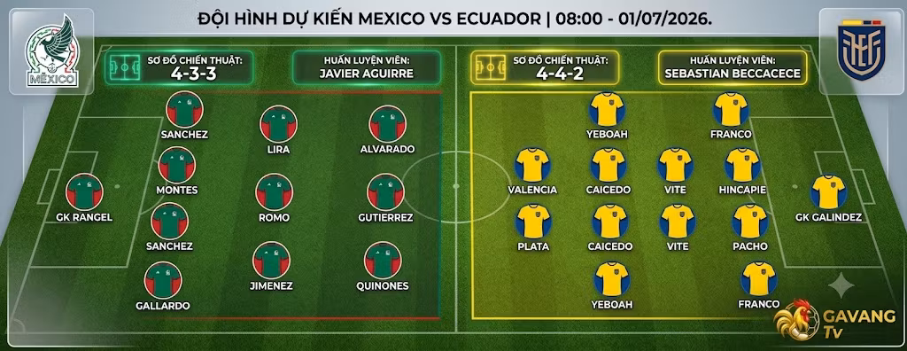 Sơ đồ đội hình dự kiến ra sân trận Mexico vs Ecuador lúc 08h00 ngày 01/07/2026 mới nhất tại World Cup 2026.