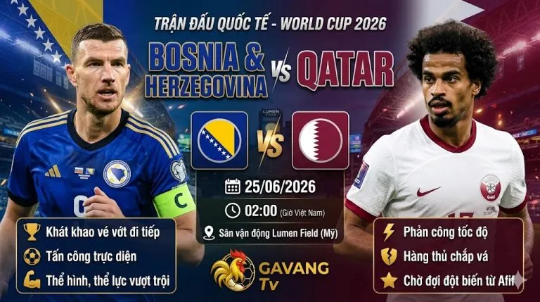 Nhận định trận đấu Bosnia vs Qatar vòng bảng World Cup 2026, hình ảnh đối đầu trực tiếp giữa Edin Dzeko và Akram Afif cập nhật mới nhất từ Gavang TV.